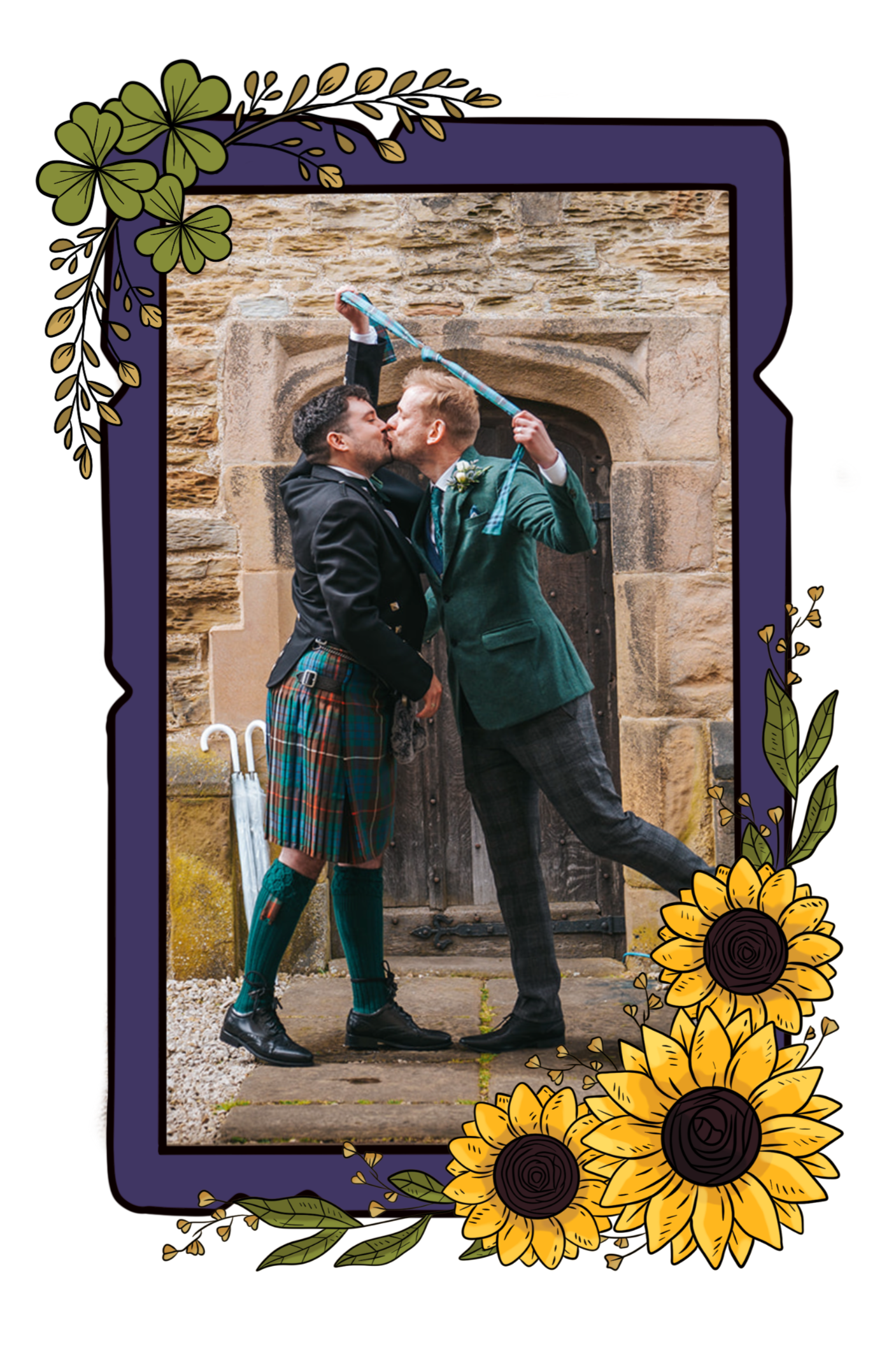 Two grooms, one in a suit with a kilt and the other in a green tweed suit, share a kiss under an archway. They hold the hand-fasting knot they just tied aloft. Photo by https://www.shannonburrellphotography.com