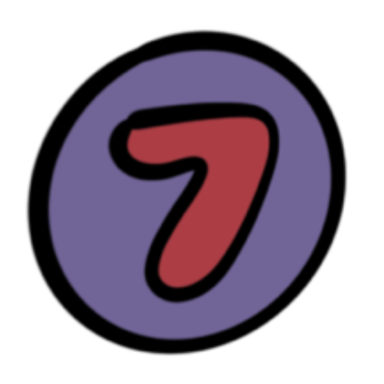 Red number 7 inside a purple circle with a black background.