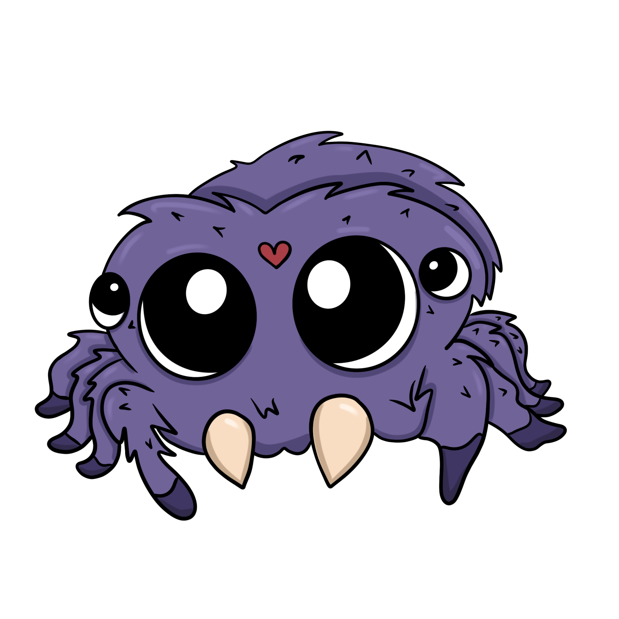 A cartoon purple jumping spider with multiple large eyes, short antennae, and a small red heart on its forehead.