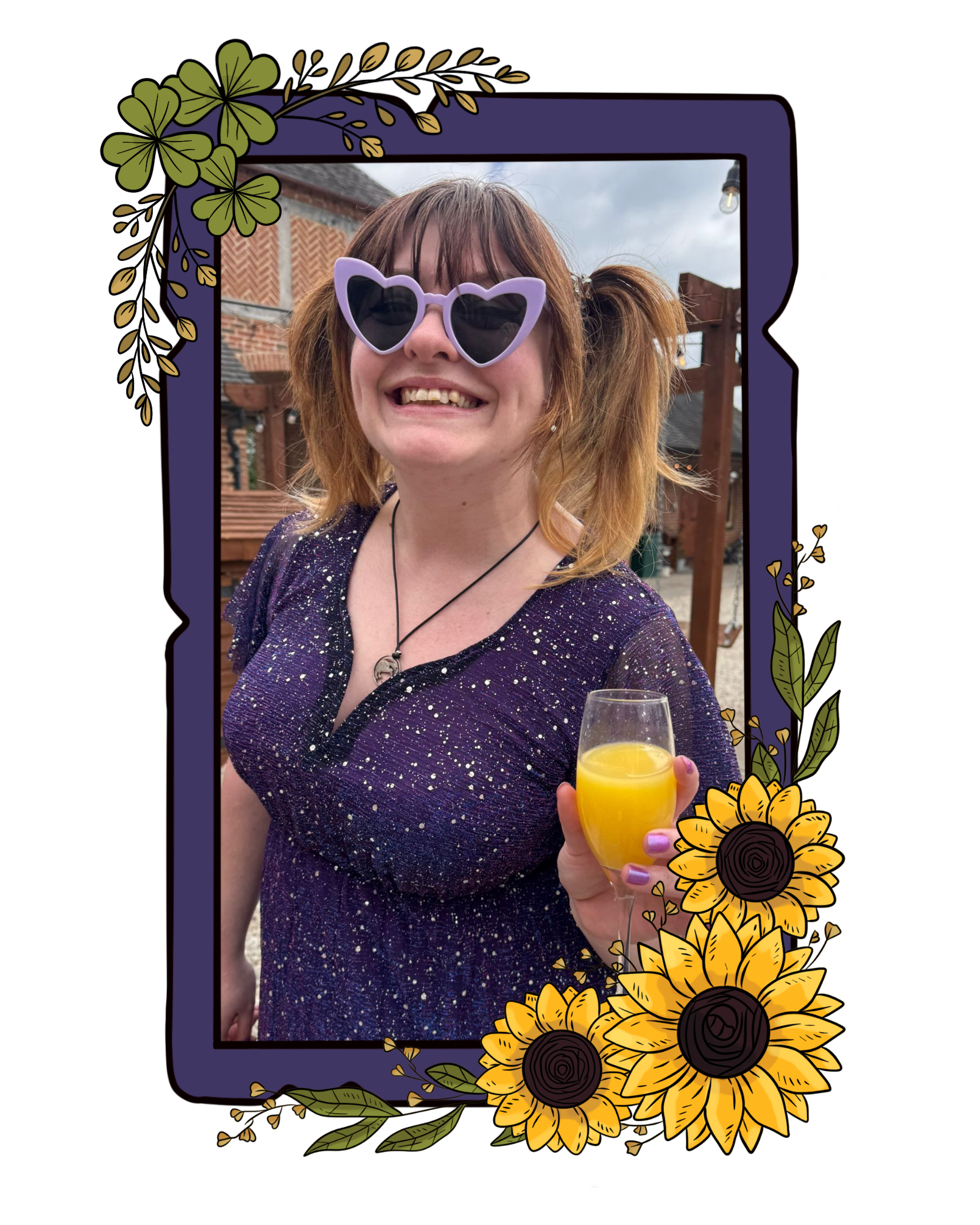 Wedding Celebrant Suzy from Wonderland Ceremonies wearing purple heart  sunglasses and holding a glass of prosecco