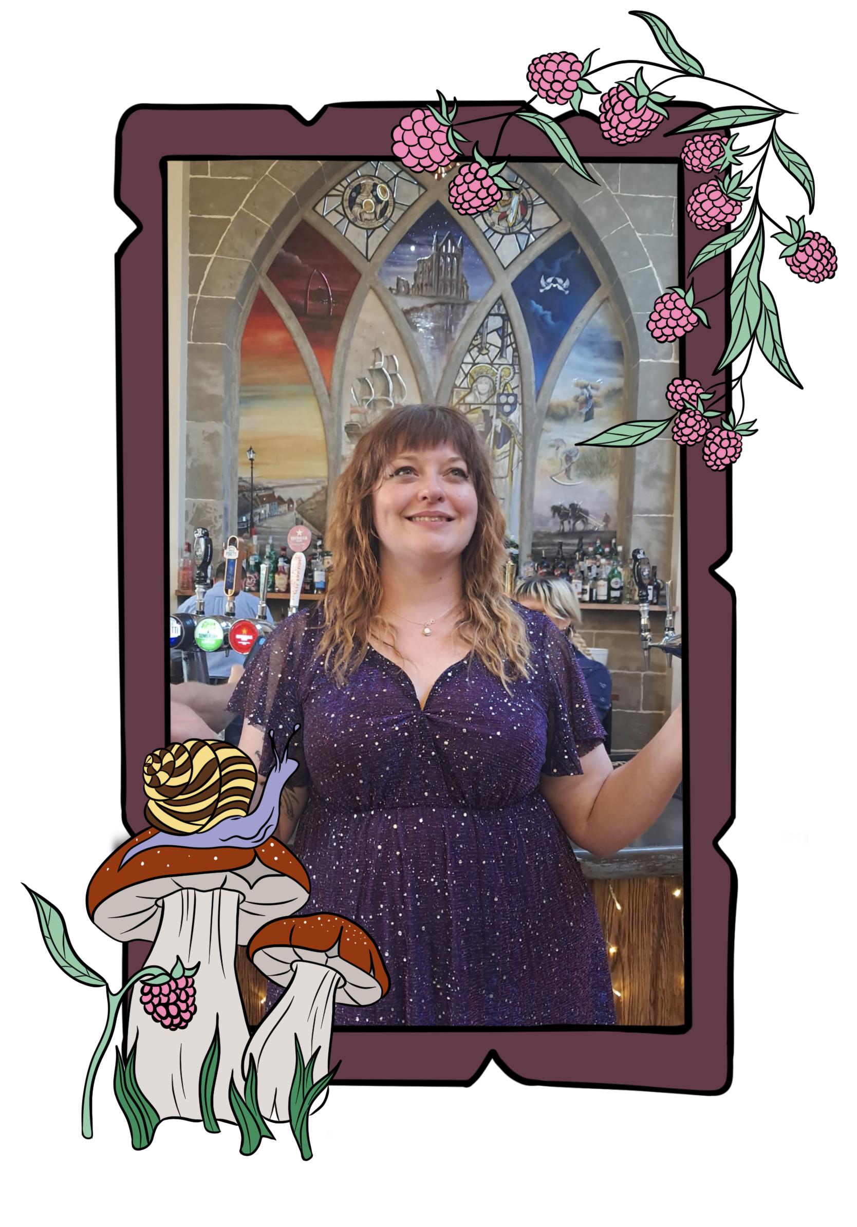 A woman with wavy auburn hair smiling in front of a colorful stained-glass window with images of ships, fantasy scenes, and a woman with a golden crown. She is wearing a dark purple dress with a starry pattern. The frame around the image is decorated with illustrations of mushrooms, hops, and grapevines.