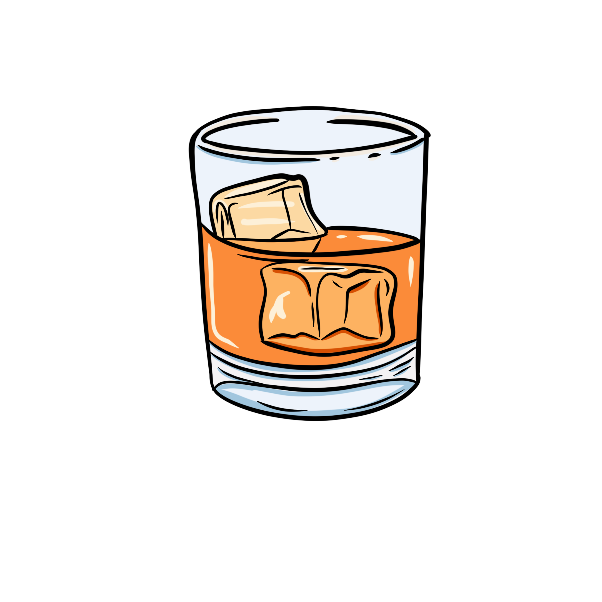 Drawing of a brown glass of whiskey with ice cubes and a glass of water with ice cubes on a black background.