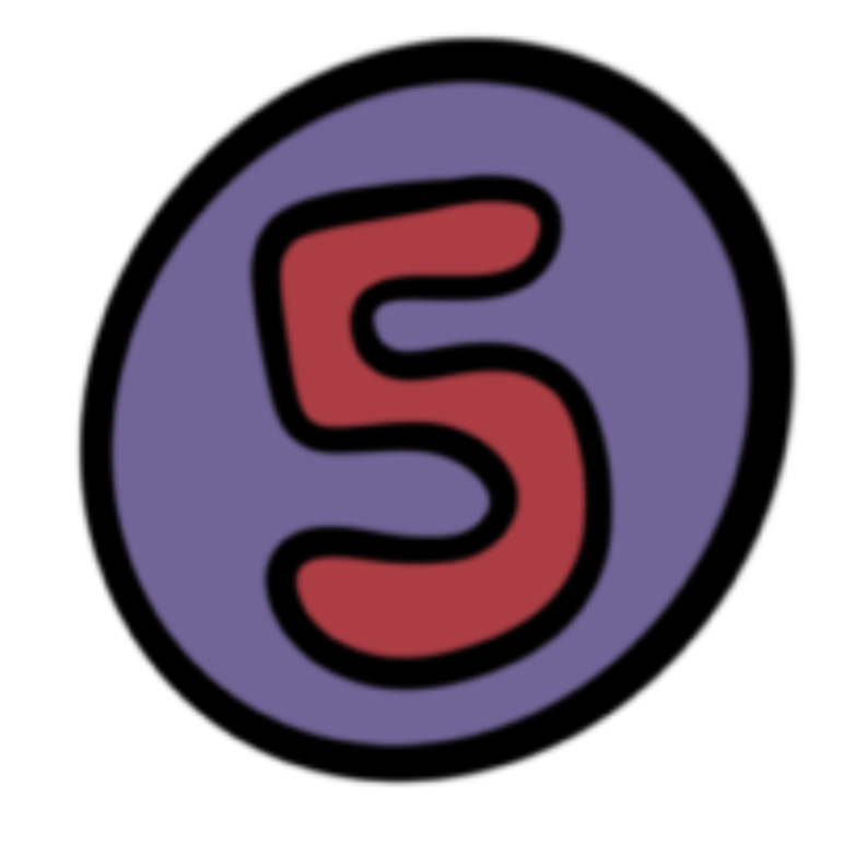 Number 5 in red outline inside a purple circle