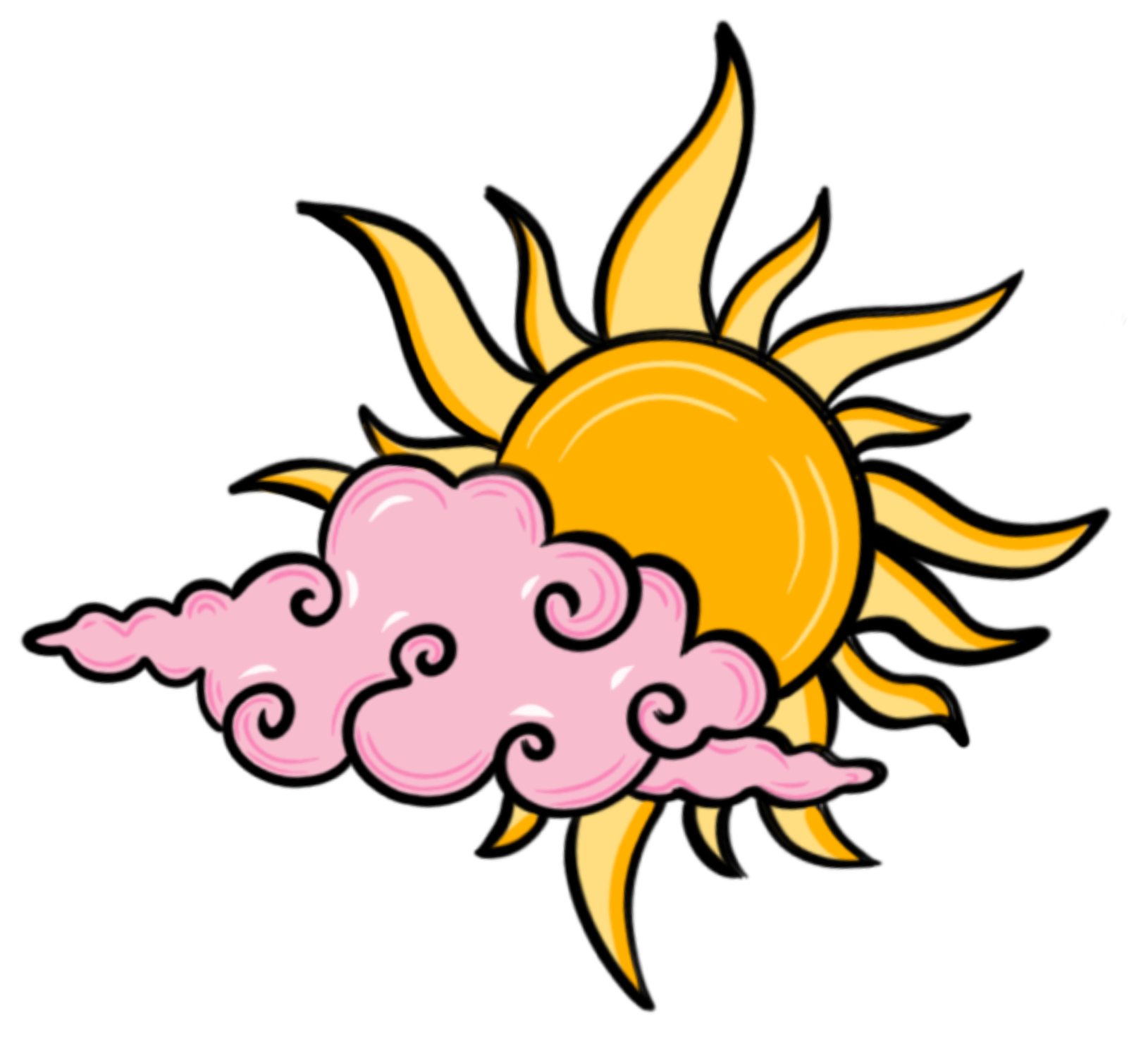 A cartoon sun with a large, round yellow body and orange rays shines behind pink, cloudy, swirling clouds.