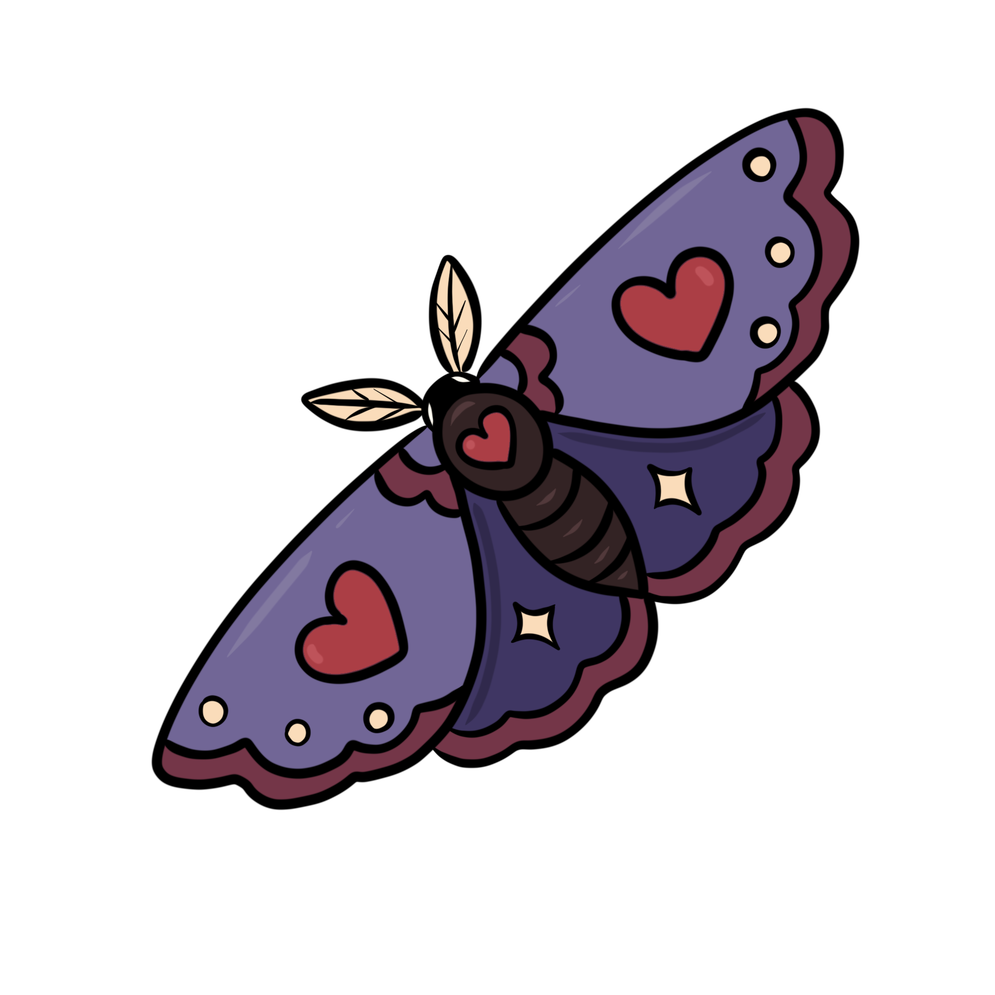 A cartoon purple butterfly with hearts and dots on its wings, and cream-colored antennae with leaf-like shapes, set against a black background.