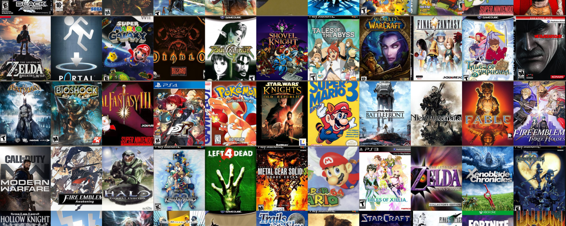 A collage of various video game covers from popular titles across different gaming platforms. ps5, xbox, pc, switch