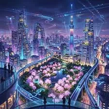A futuristic cityscape at night with tall skyscrapers illuminated by neon lights, a large central park with blooming pink cherry blossom trees, monsoon, japan, mother earth, life, green