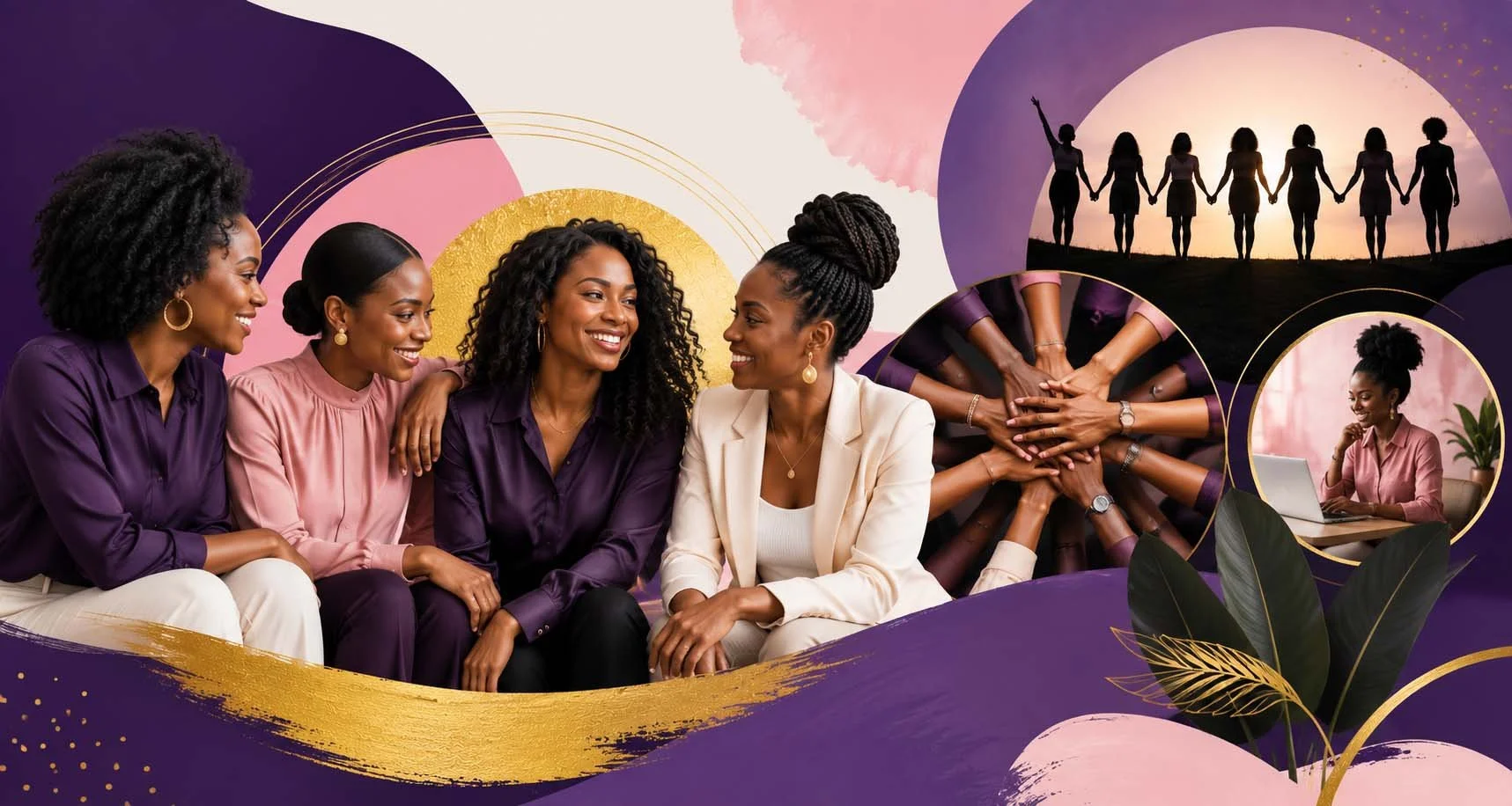 Group of diverse women engaging in conversation, a group photo, women holding hands in sunset, women joining hands in a circle, woman working on a laptop, symbolic imagery of friendship, unity, and empowerment.