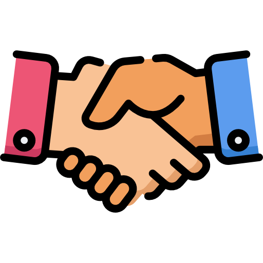 Illustration of two hands shaking, one wearing a red sleeve and the other a blue sleeve.
