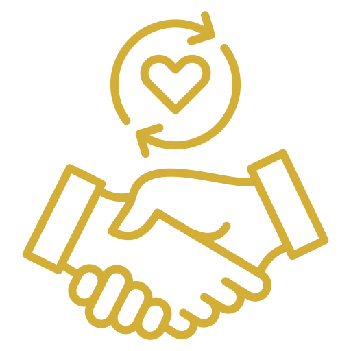 Illustration of two hands shaking with a heart and circular arrows above.