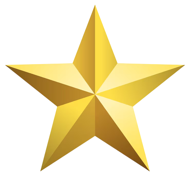A close-up view of a five-pointed gold star with a shiny, reflective surface.
