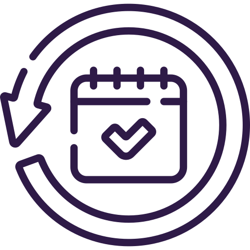 Icon of a calendar with a checkmark inside, surrounded by a circular arrow, representing scheduling or planning.