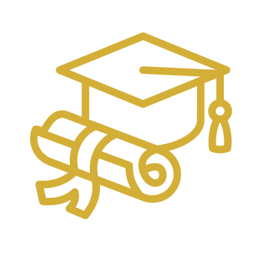Gold graduation cap and diploma rolled scroll with ribbon and tassel.