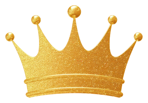 A glittery gold crown with five points.