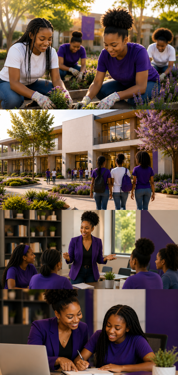 Group of young women participating in community gardening, walking on campus, attending a classroom, and studying together.