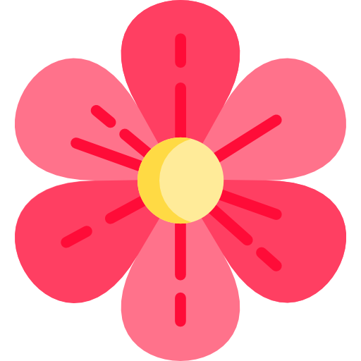 Simple animated illustration of a pink flower with six petals and a yellow center.