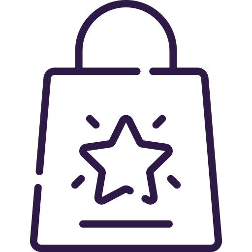 Outline of a shopping bag with a star in the center, representing a store or shopping concept.