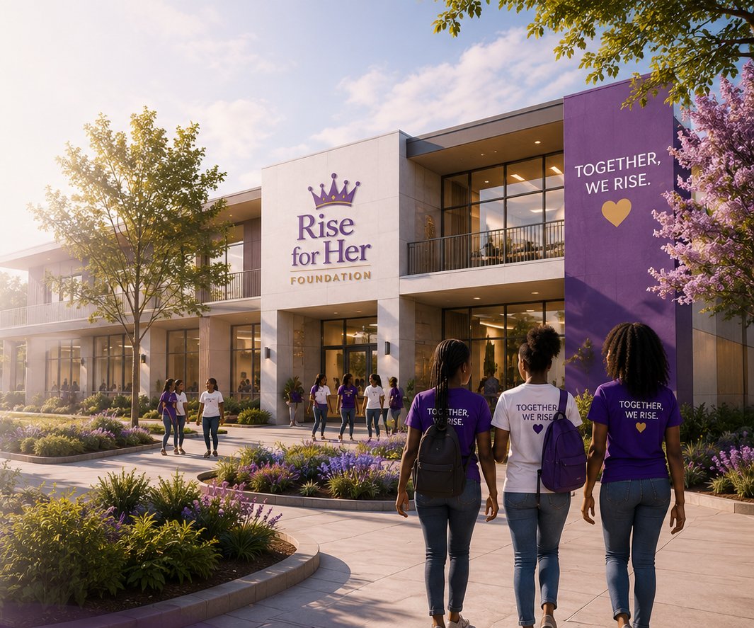 Women and girls attending the Rise for Her Foundation building, wearing purple and white shirts with the foundation's slogan, walking towards the entrance of a modern two-story building with a purple banner that says "Together, We Rise." There are trees, flowers, and a sunny sky.