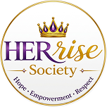 HER Rise Society logo with purple and gold theme, featuring a crown, emphasizing hope, empowerment, and respect.