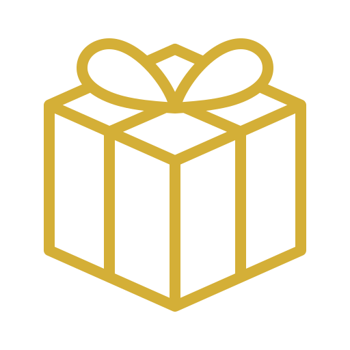 Gold outline of a wrapped gift box with a bow on top.