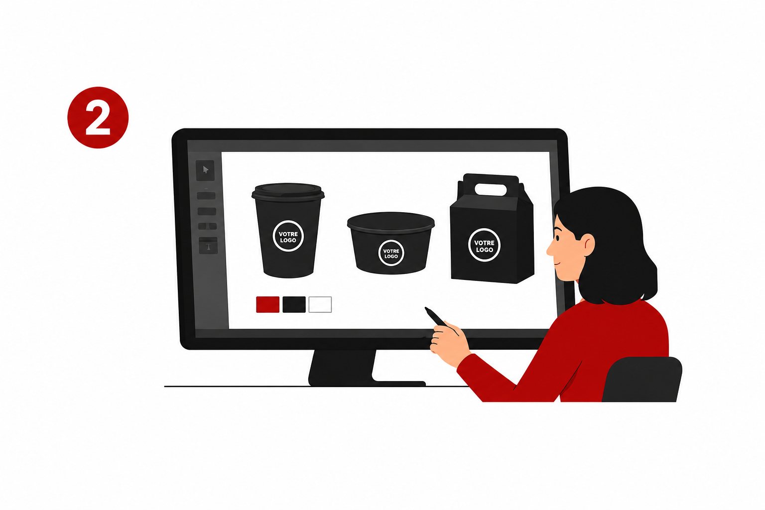 Illustration d'une femme assise devant un écran d'ordinateur, utilisant un logiciel de design pour créer des emballages alimentaires noirs avec des logos blancs, montrant différents types de contenants, comme des gobelets, un bol, et une boîte