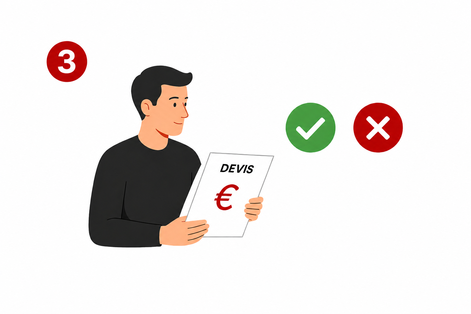 Illustration montrant un homme tenant un devis avec un symbole euro, et des symboles de validation verte et d'erreur rouge à côté.