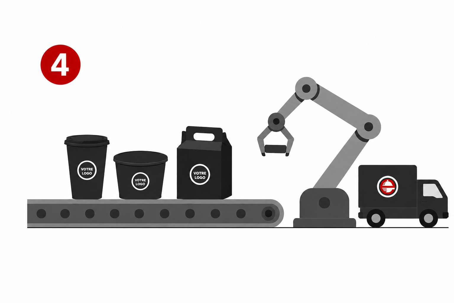 Illustration d'une chaîne de montage avec une robotique assembleuse qui manipule des contenants noirs pour une marque. Elements en noir et gris avec un logo en français 'Votre Logo' sur les contenants et un concept de production.