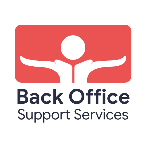 Logo with a person and open arms inside a red rounded rectangle, and the text "Back Office Support Services" below.