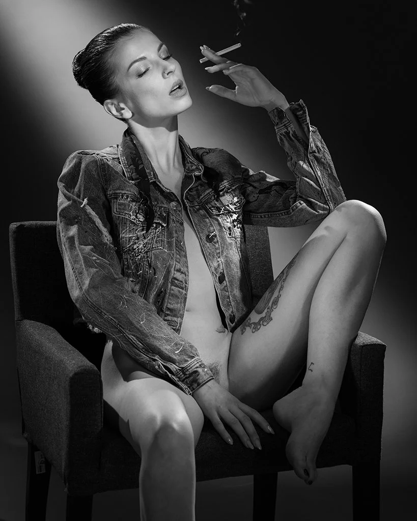 Cinematic fine art portrait titled Ecstasy by Martin Lee, QEP. Black and white conceptual smoke photography.