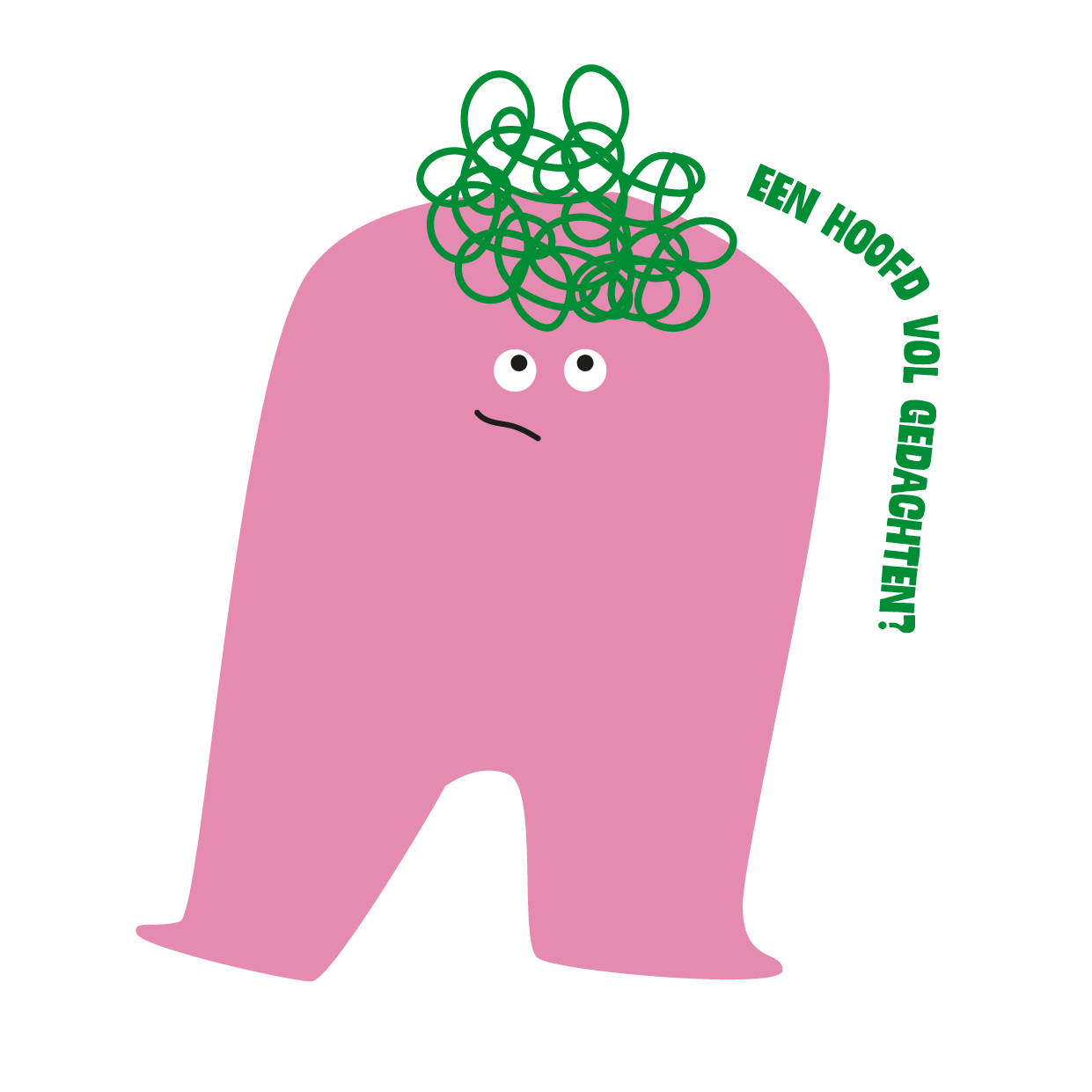 Een cartoon van een roze monster met een verwarrende uitdrukking, groene krullende haren op het hoofd en een tekst in het Nederlands die vraagt: 'Een hoofdvogel of ongeveer?'