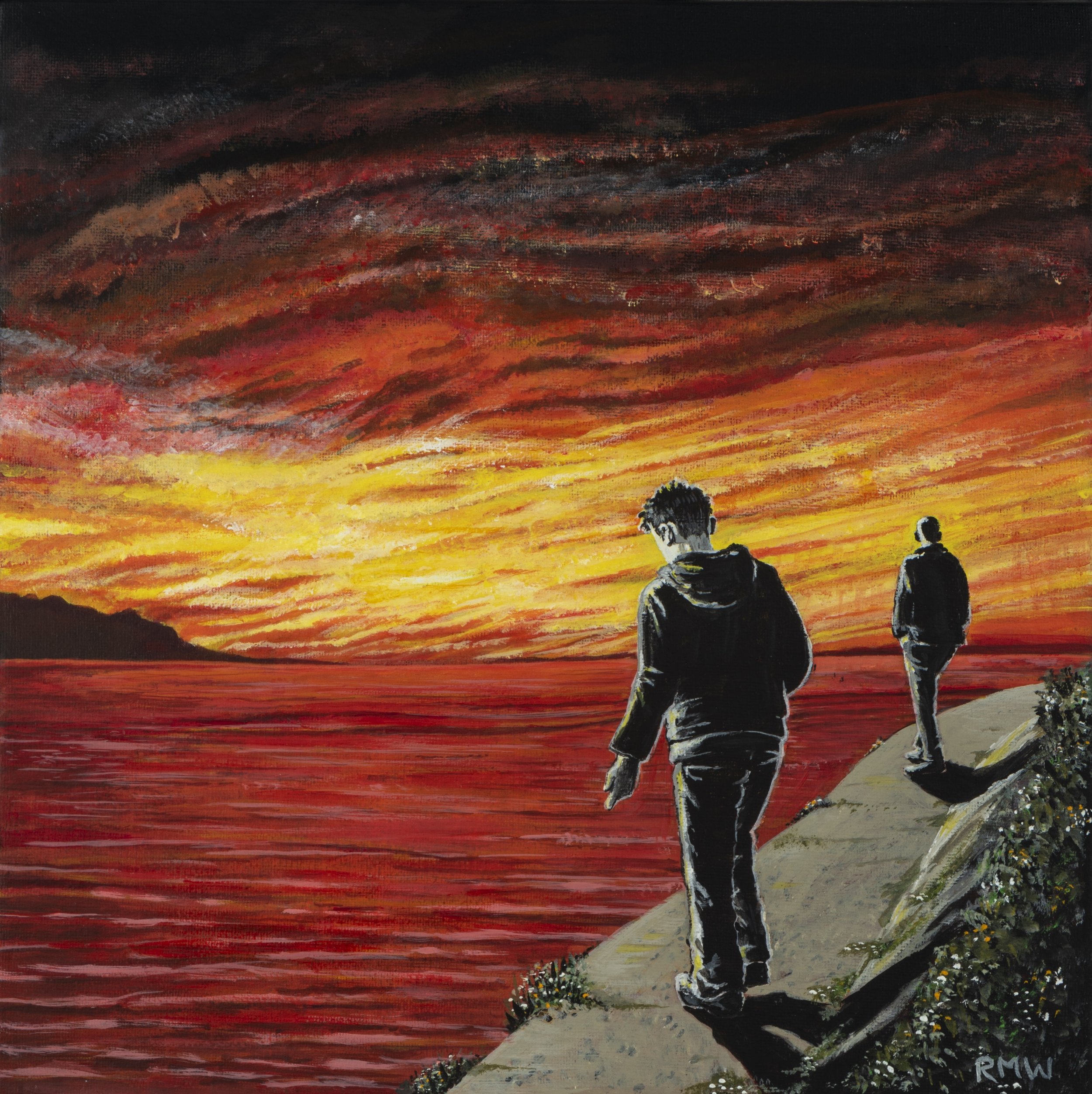 'Puerto Vallarta Sunset'

The sun in Puerto Vallarta retreats in a fiery battle with clouds and sky. The sea is burnished. Two people. Are they avoiding each other, or simply have no interest?
30 cm x 30 cm