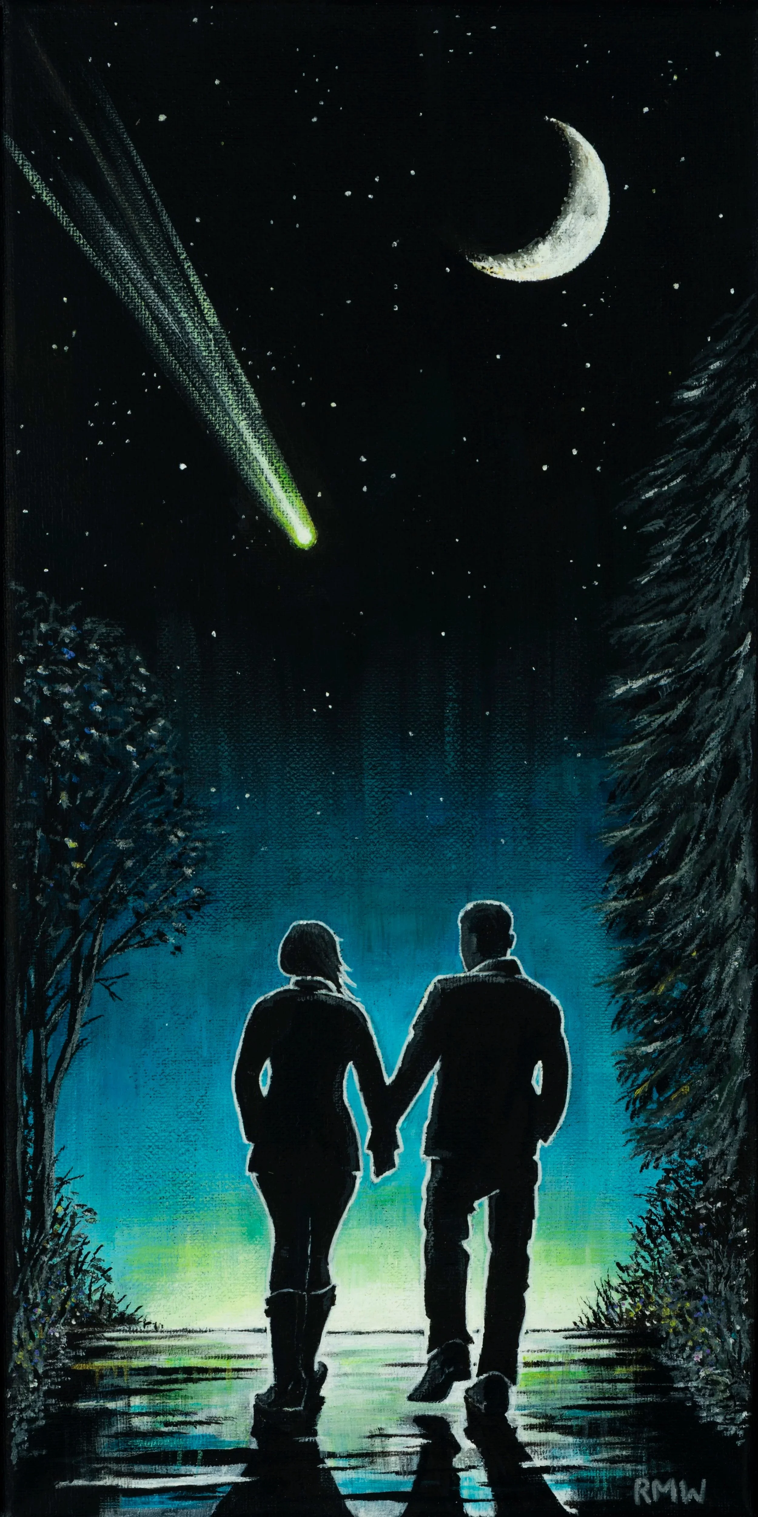 'Walk in the Moonlight' A couple deep in conversation, or about to part? A clear night. A passing meteor, a harbinger of change? An unforgettable night, or a night to forget?
20 cm x 40 cm