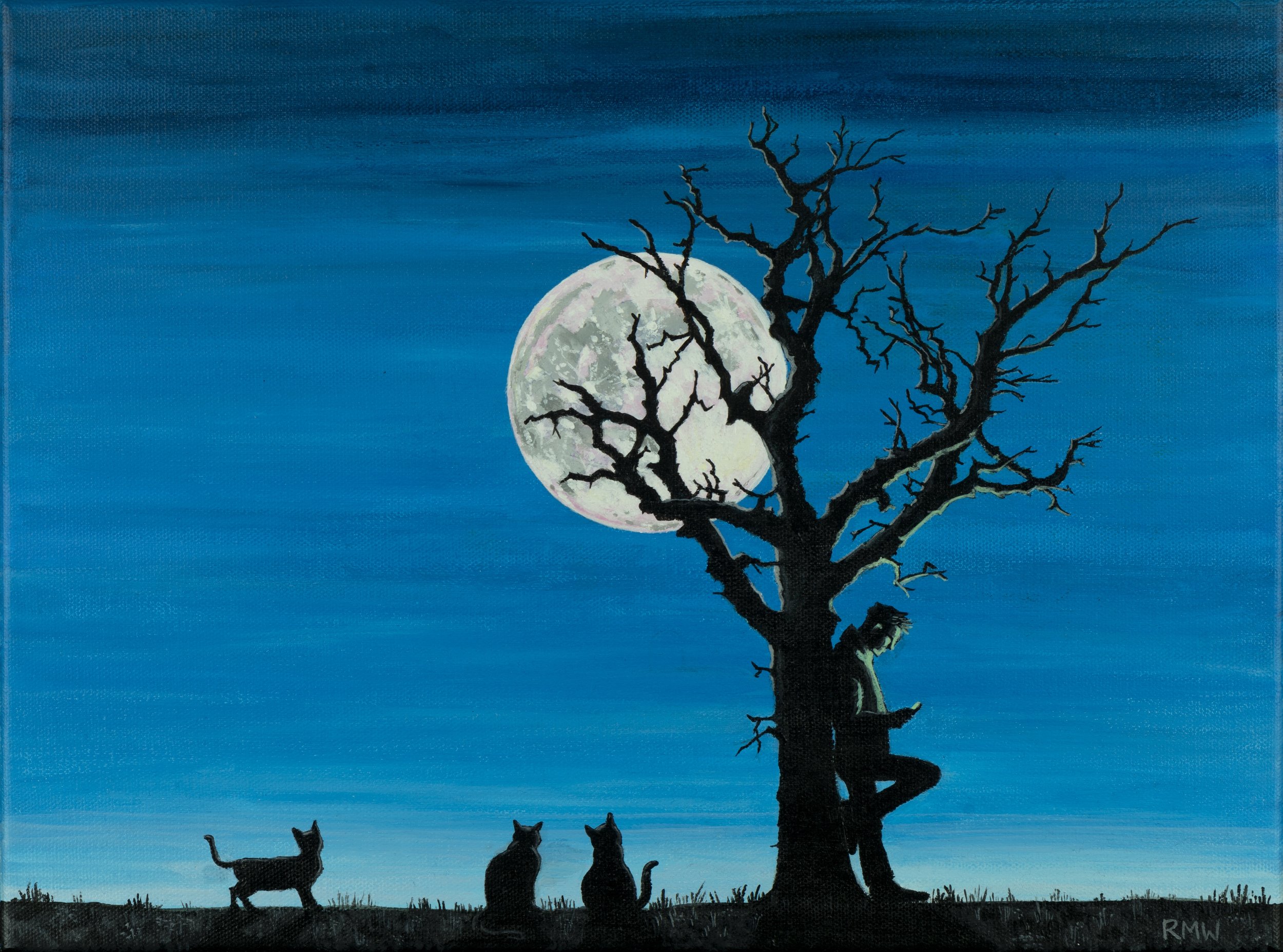 'The Full Moon'

How many times are we so engrossed in our devices that we miss the beauty around us? The cats are not so easily distracted!
40 cm x 30 cm