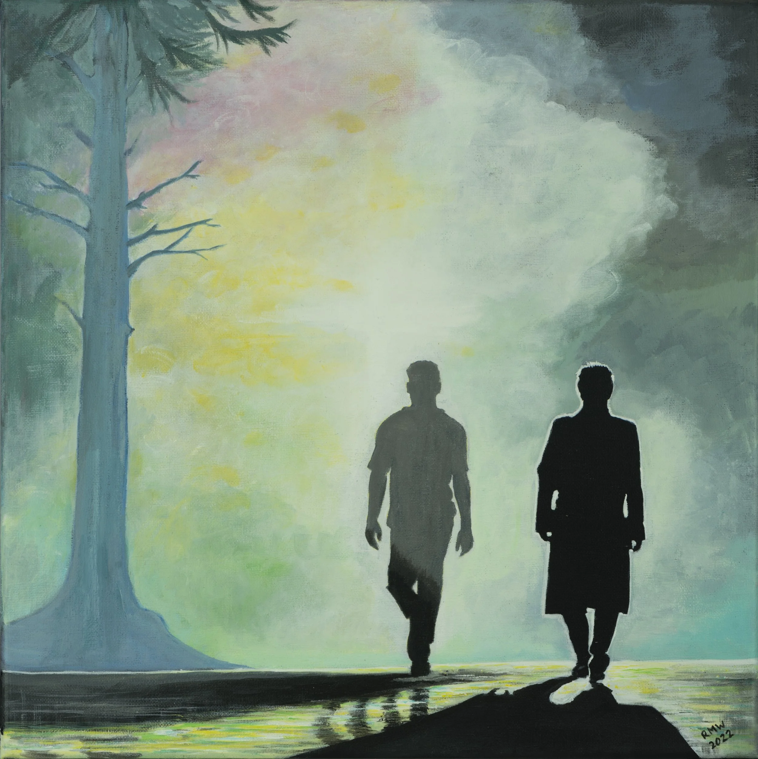 'Out of the Mist' Two figures approach through the swirling mists. Who are they? Something is coming which may soon illuminate the scene. Is it earthly or from the heavens?
40 cm x 40 cm