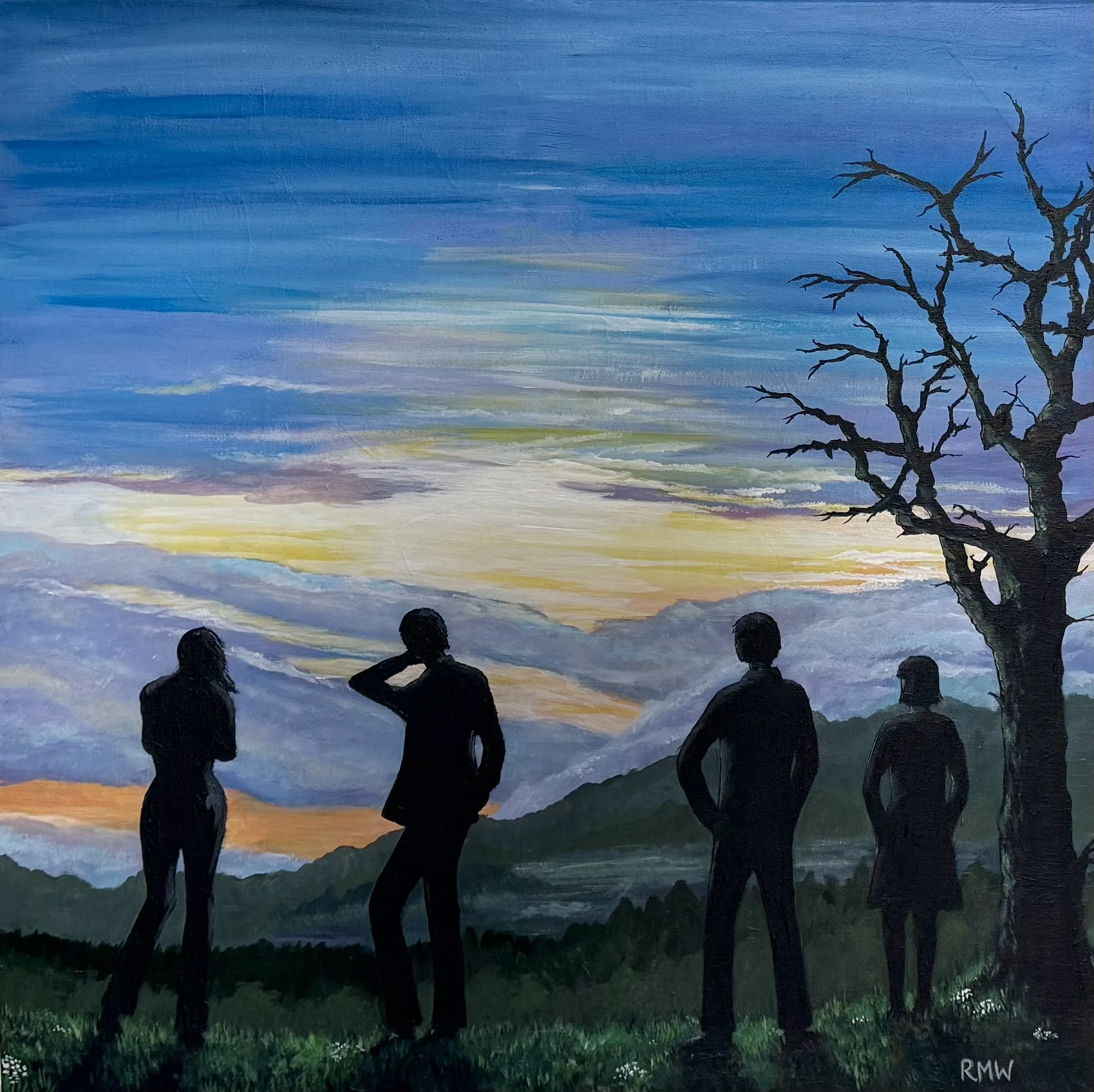 'A New Dawn' Four people gather. Friends or strangers drawn by a vista which seems at once tumultuous and yet calm. Just a new day dawning, or something more? 70 cm x 70 cm