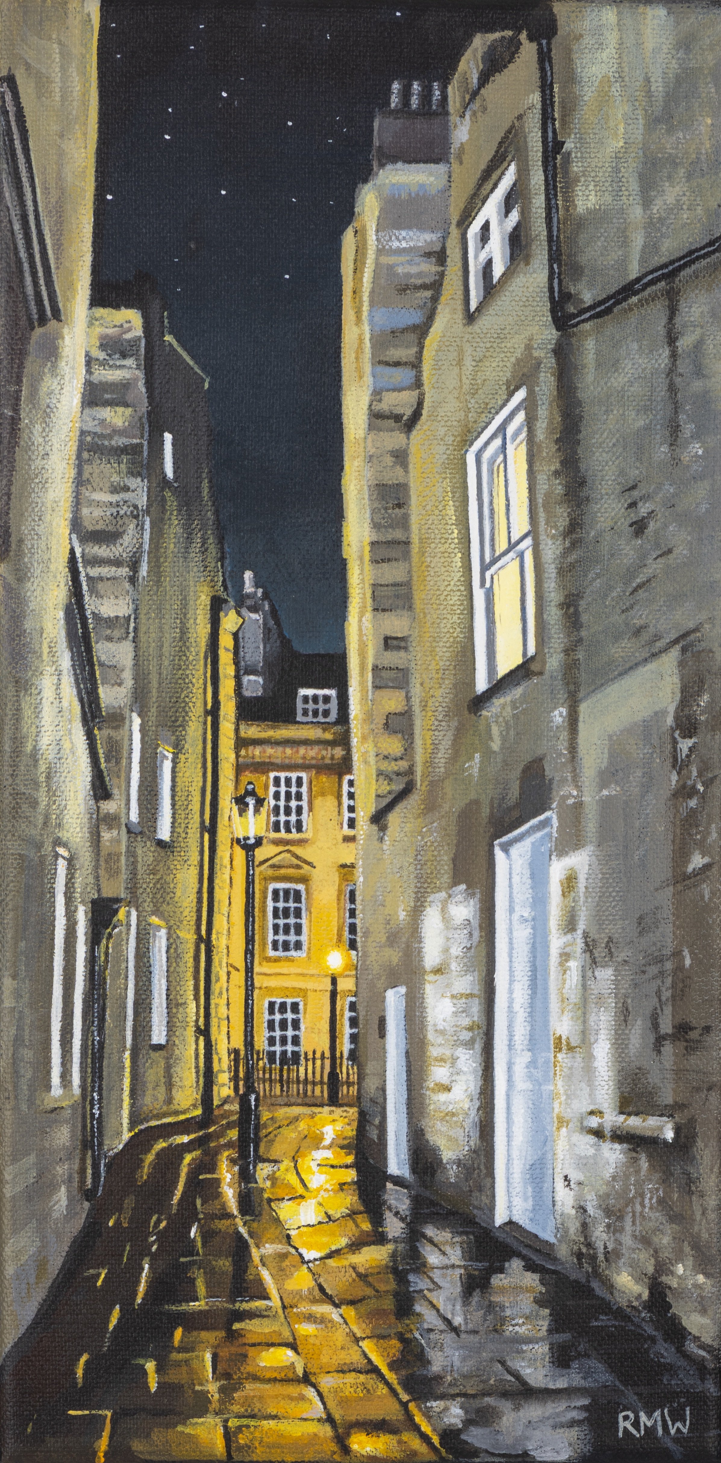 'Rainy Night in Bath Somerset'

A city filled with magnificent architecture. And yet, my eye was caught, on a rainy winter evening, by this tiny hidden walkway between North Parade and Abbey Green.
15 cm x 30 cm