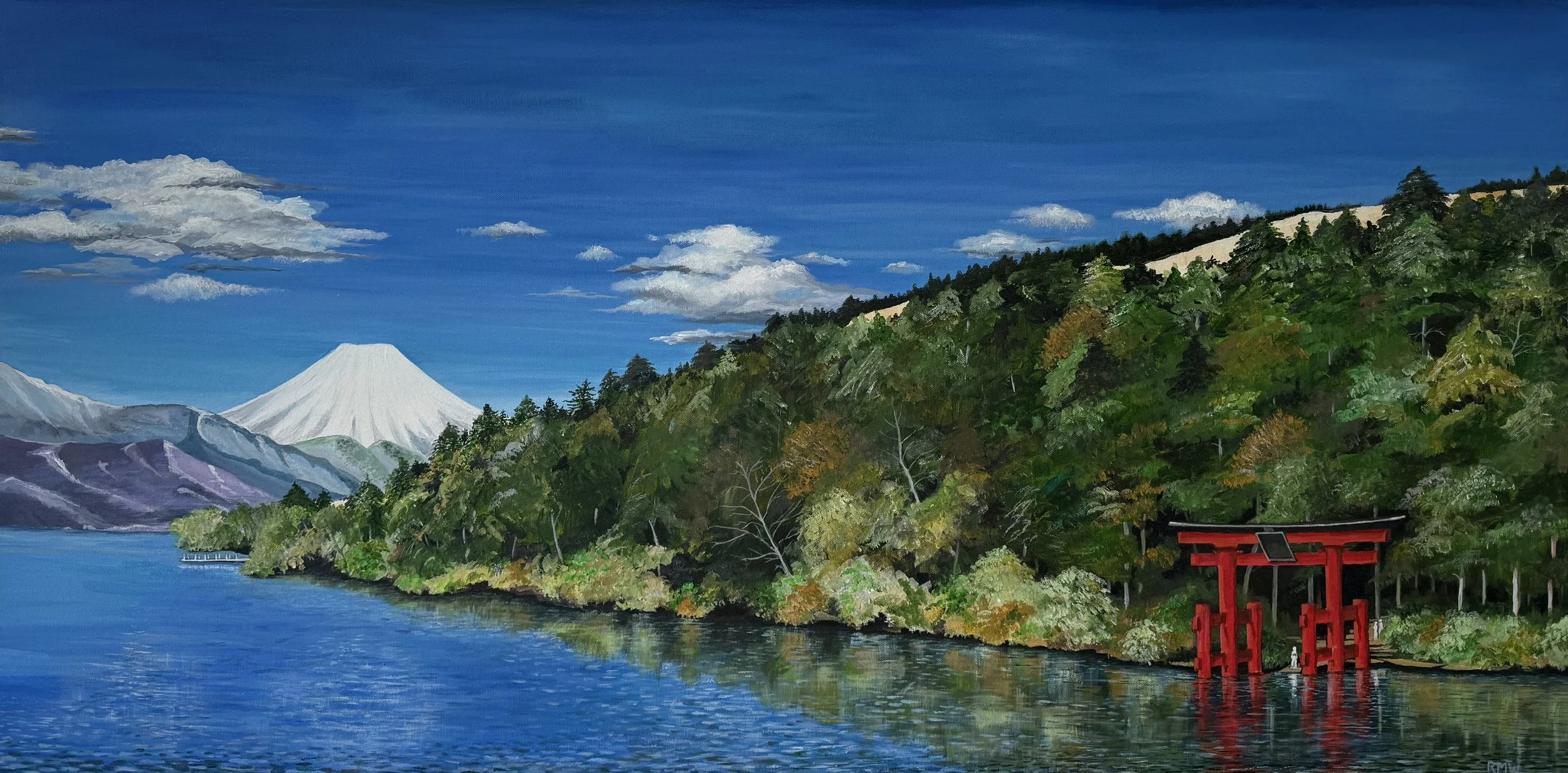 'Fujisan from Ashinoko' One of my favourite places on earth in one of my favourite countries. This is one of my biggest paintings, at 4 ft by 2 ft. It had to be, to do it justice. This was the coldest of winter's days, the air catching in my throat. 