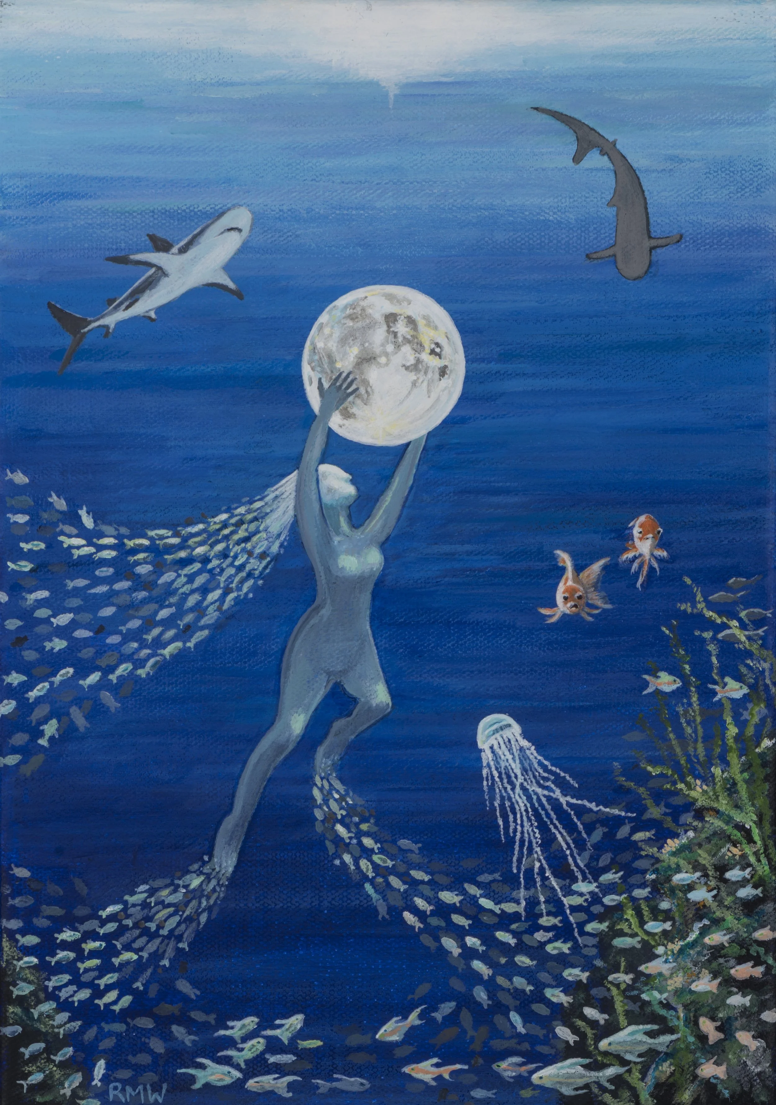 'Moon Rising'
I am fascinated with the folklore of the moon. I love the idea she sinks into the sea as she wanes and then the fish and sea creatures restore her to the sky as she waxes.
21 cm x 30 cm