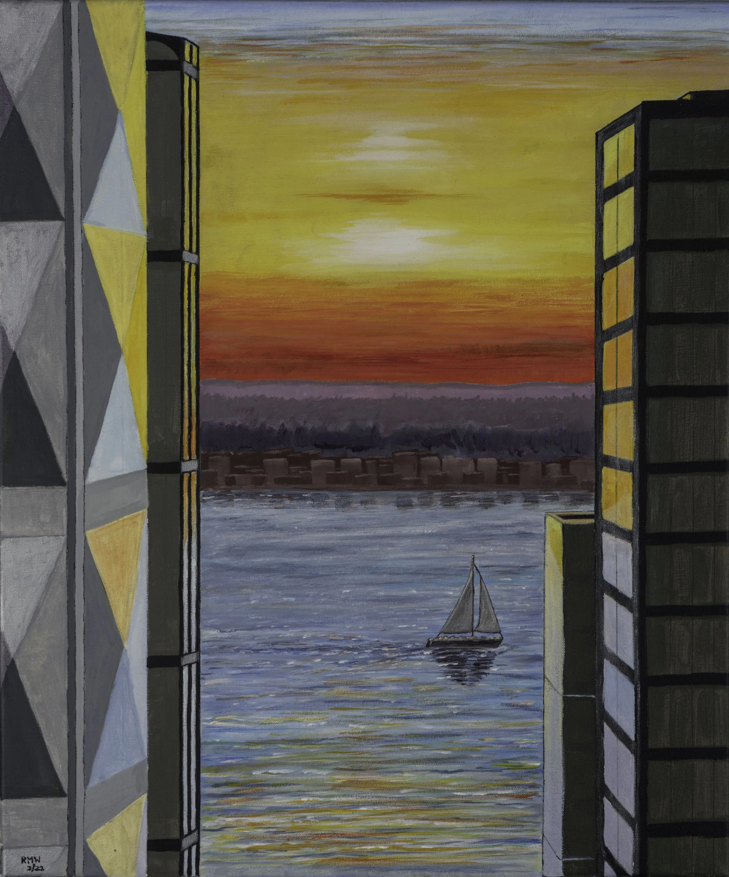 'New York Vibes'

The city air that creates stunningly fiery sunsets reflecting off skyscrapers of geometrical ingenuity. A simple sailboat on the Hudson River, heading home.
50 cm x 60 cm