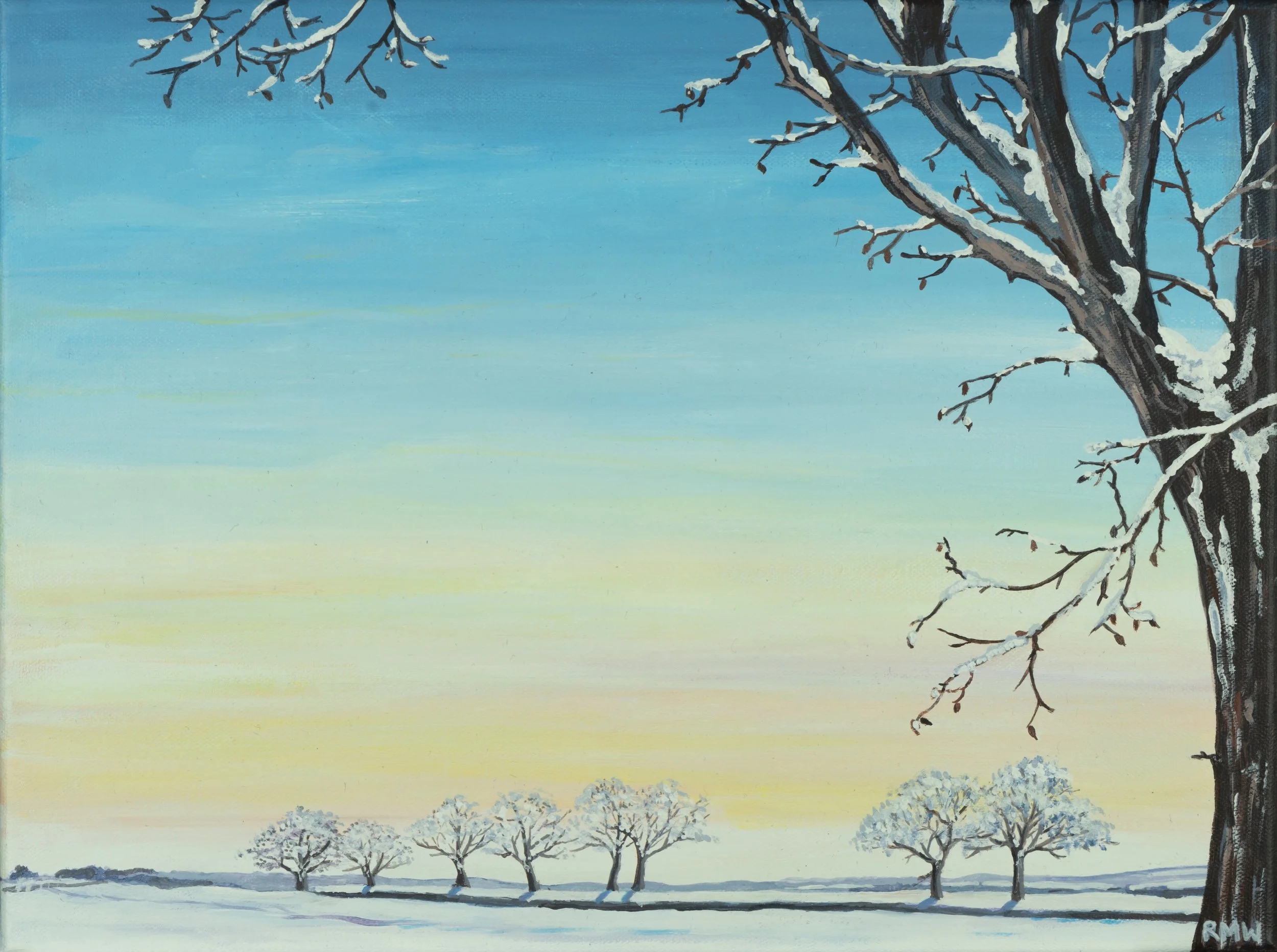 'The First Snow in Gloucestershire' Driving home from a restful winter weekend, I was struck by the beauty of the winter sky, a gradient of soft colours from the horizon. Summer is flamboyant, but winter has more subtle glories.
40 cm x 30 cm