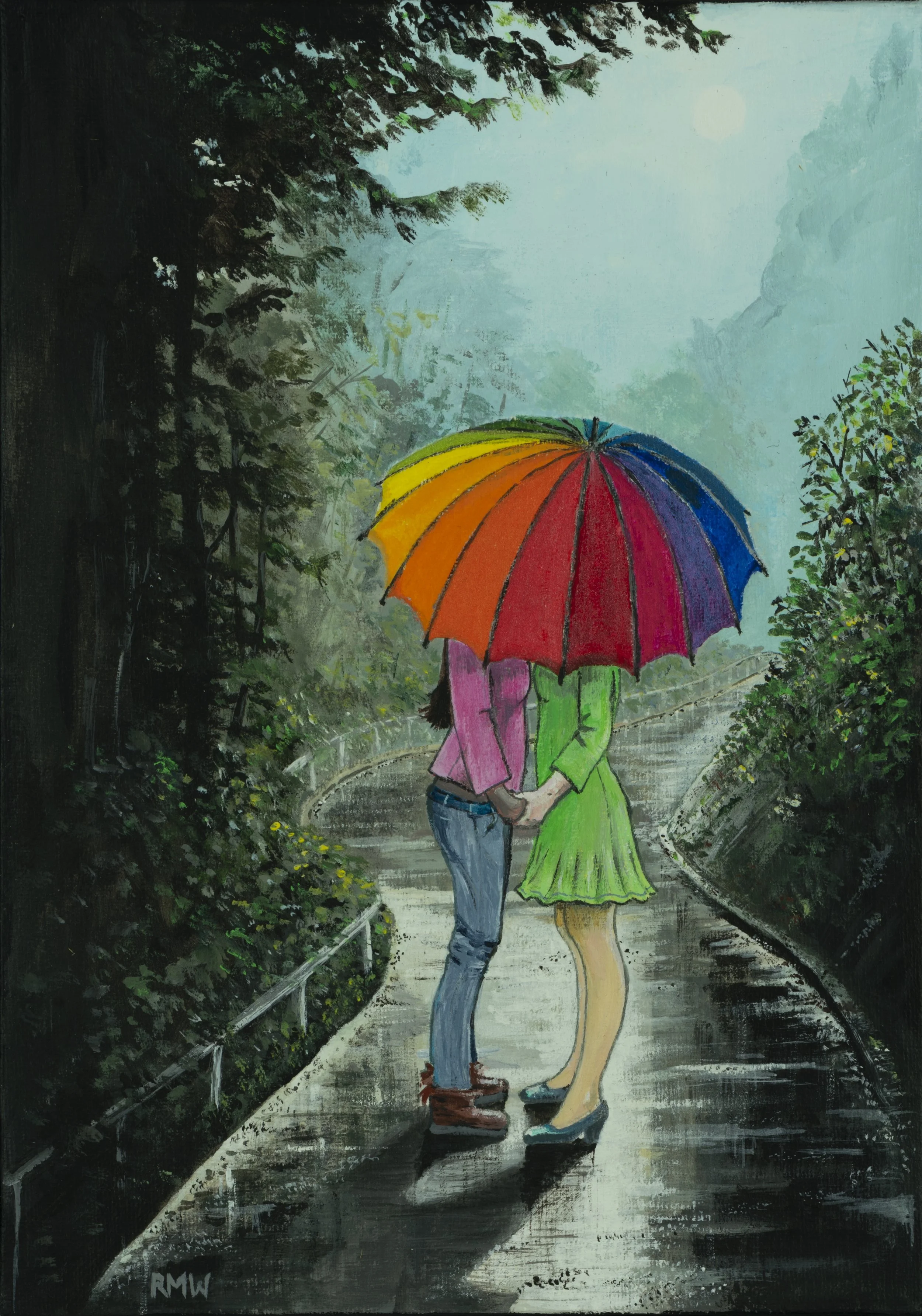 'Love in the Rain 2' The rainstorm just finished. The rainbow has descended from the skies to shelter them as their umbrella. This couple are enjoying their special cosy moment together. 21 cm x 30 cm