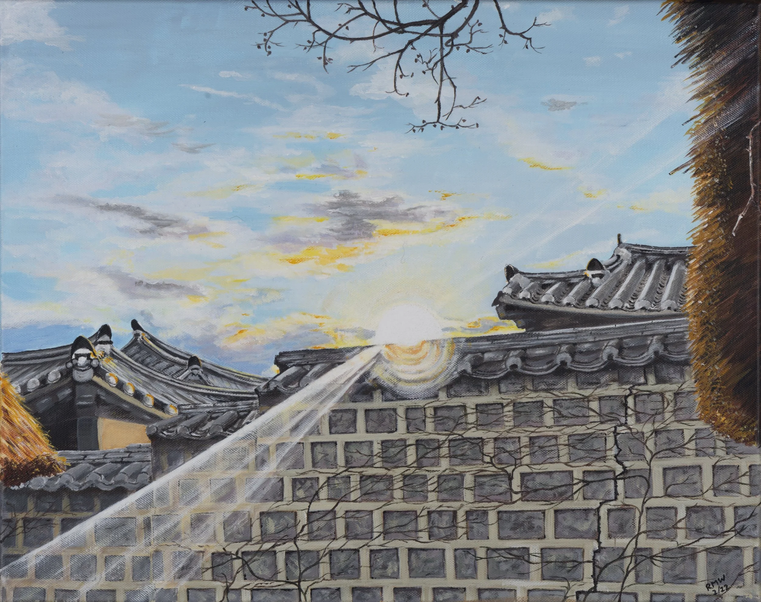 'Winter Sun at Korean Folk Village'

Capturing a shaft of winter sunlight just catching the top of an old stone wall. The sky is a remarkable silvery blue, the sun shines like a diamond.   50 cm x 40 cm