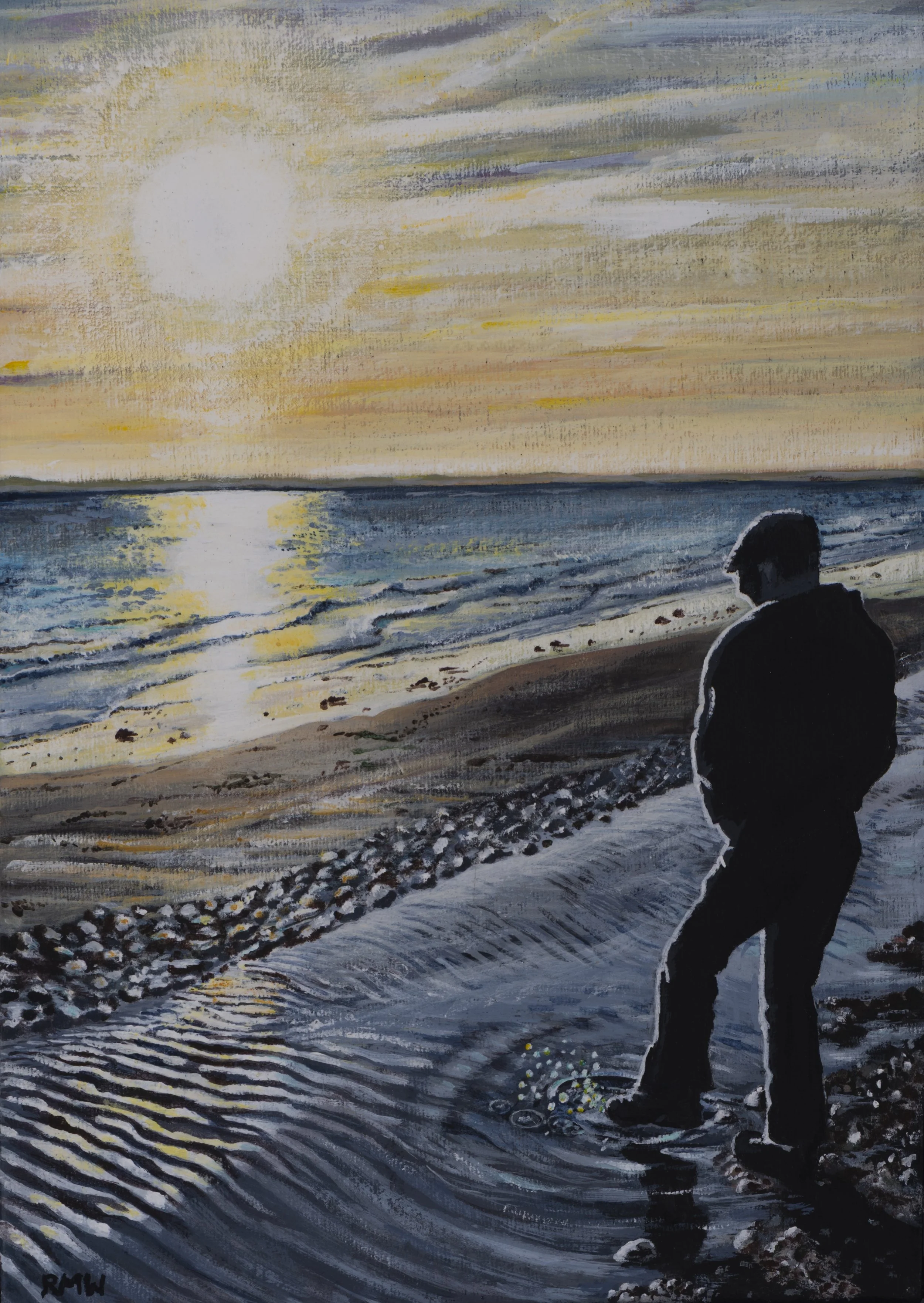 'Tide Out at Sunset'
Kicking a puddle. The sun is retreating, much like the tide. A time for contemplation. Sadness? Or simply passing the time?
21 cm x 30 cm