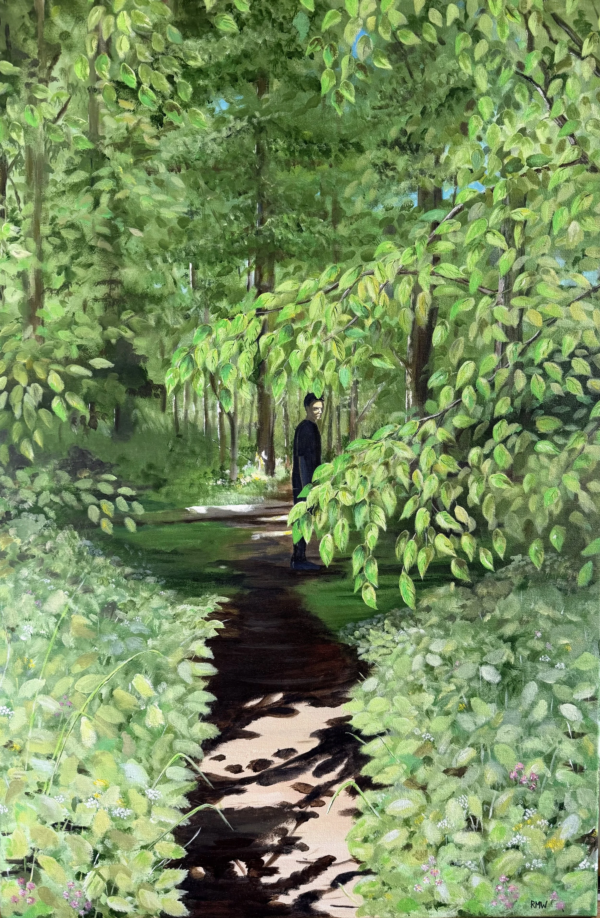 'The Watcher in the Woods'
A spring walk along a path meandering through the trees. But ahead, someone is standing. Waiting? Lurking? Or just seeking some solitary contemplation? Would you carry on or turn around? 60 cm x 90 cm