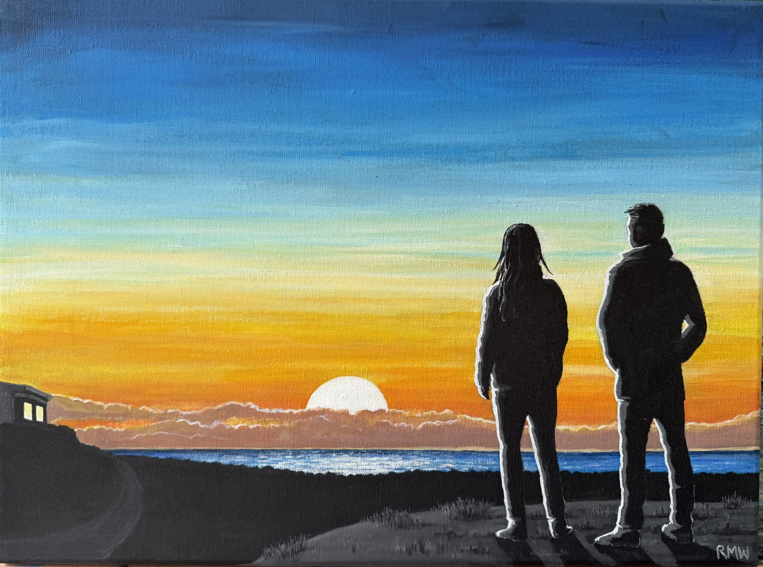 'Waiting' Two people are watching the setting sun. Is the cloud base on the horizon heading their way or retreating into unseen worlds below the horizon? Are they happy or apprehensive?
40 cm x 30 cm