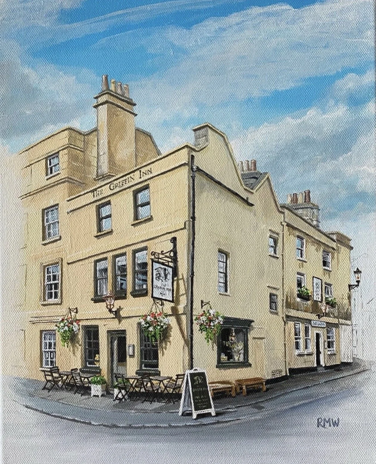 'The Griffin Inn Bath Somerset' The best Inn in the best city in England. The contrast of the warm Bath stone against the intense cerulean summer sky is beautiful to behold. As a synesthete, I associate these colours with joy and safety. And the name