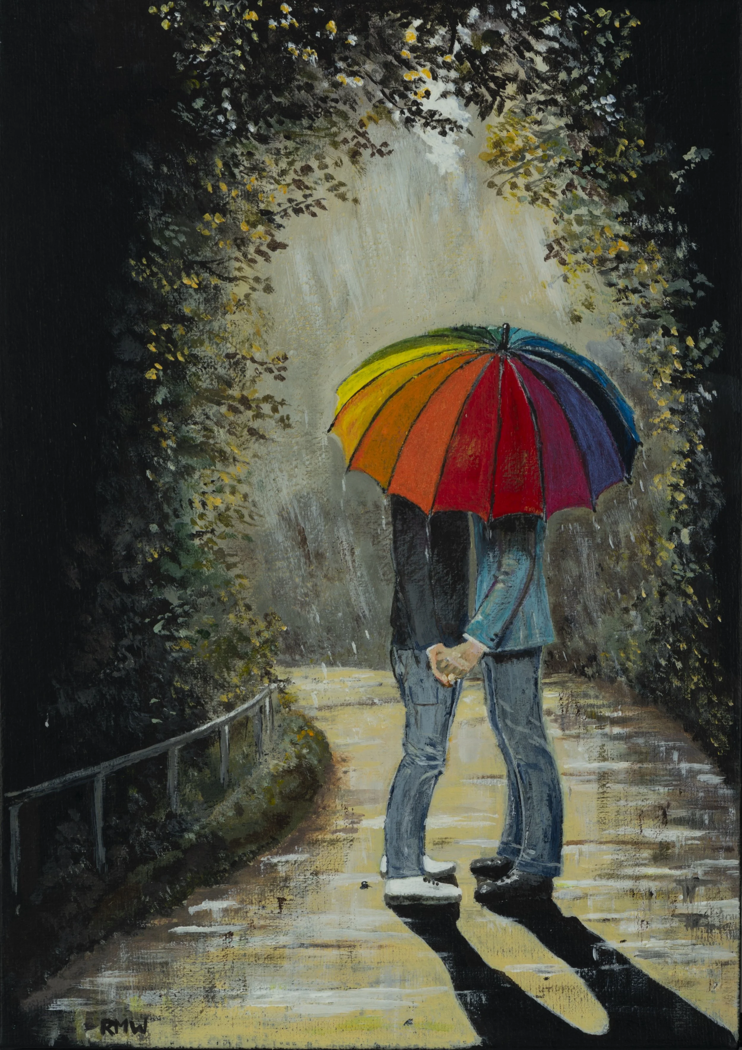 'Love in the Rain 1' A couple sharing a private loving moment whilst sheltering from the elements. Rainstorms, prejudices, nothing matters or intrudes on their true love.
21 cm x 30 cm