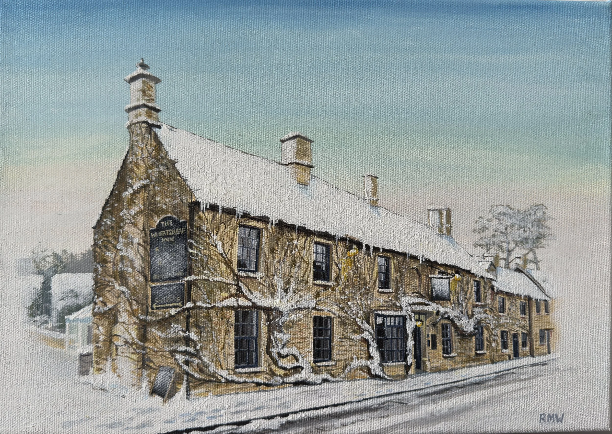 'The Wheatsheaf Inn Northleach Gloucestershire' A favourite haunt in this charming Cotswold village. Caught after the first snow on a crisp winter's day, a warm welcome awaited inside. 36 cm x 25 cm