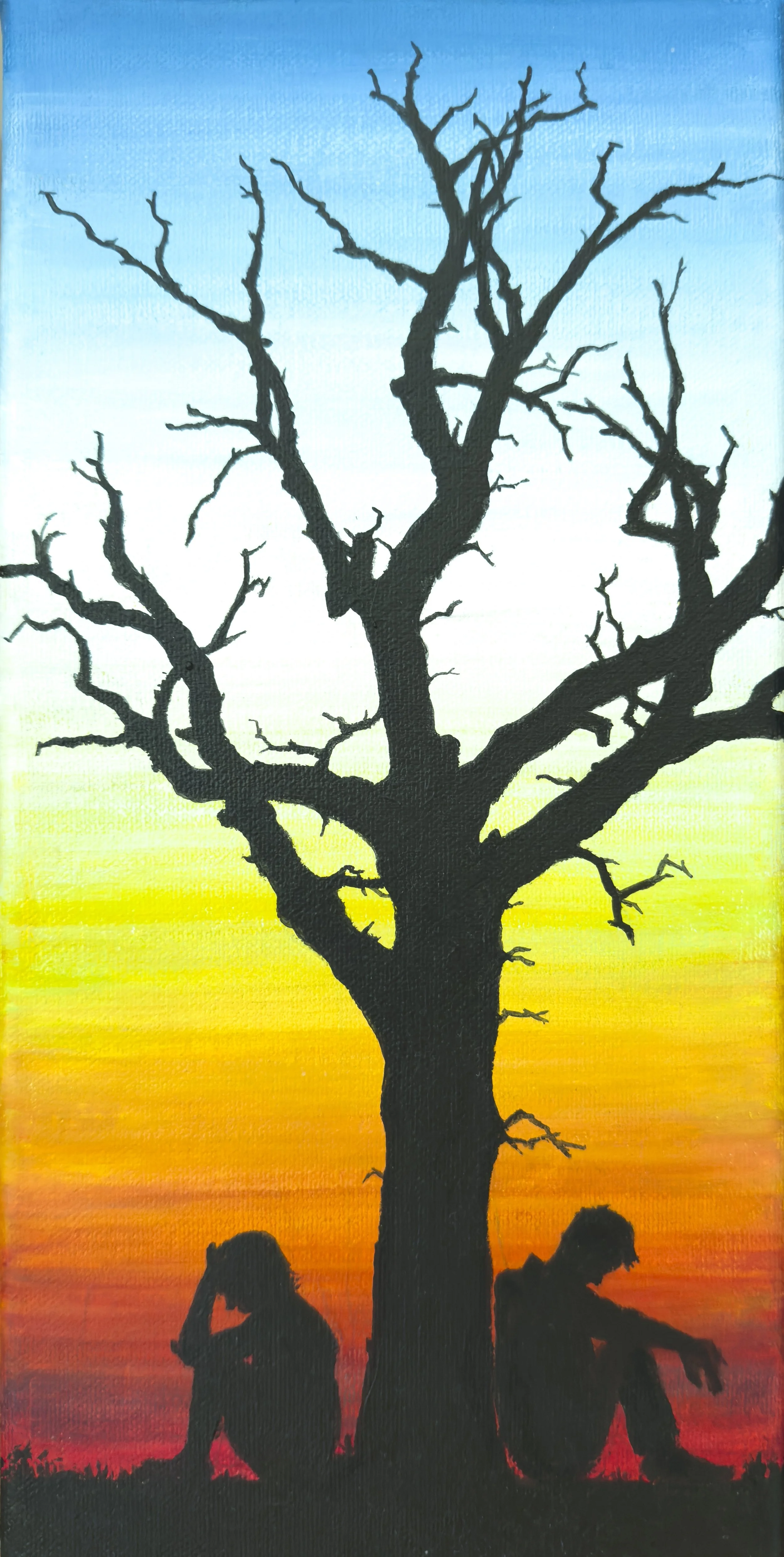 'Sunset Thoughts'  I wonder what has happened? Do they know each other? Or have simply found the same place to rest and think? Are they tired, or just exhausted? 15 cm x 30 cm