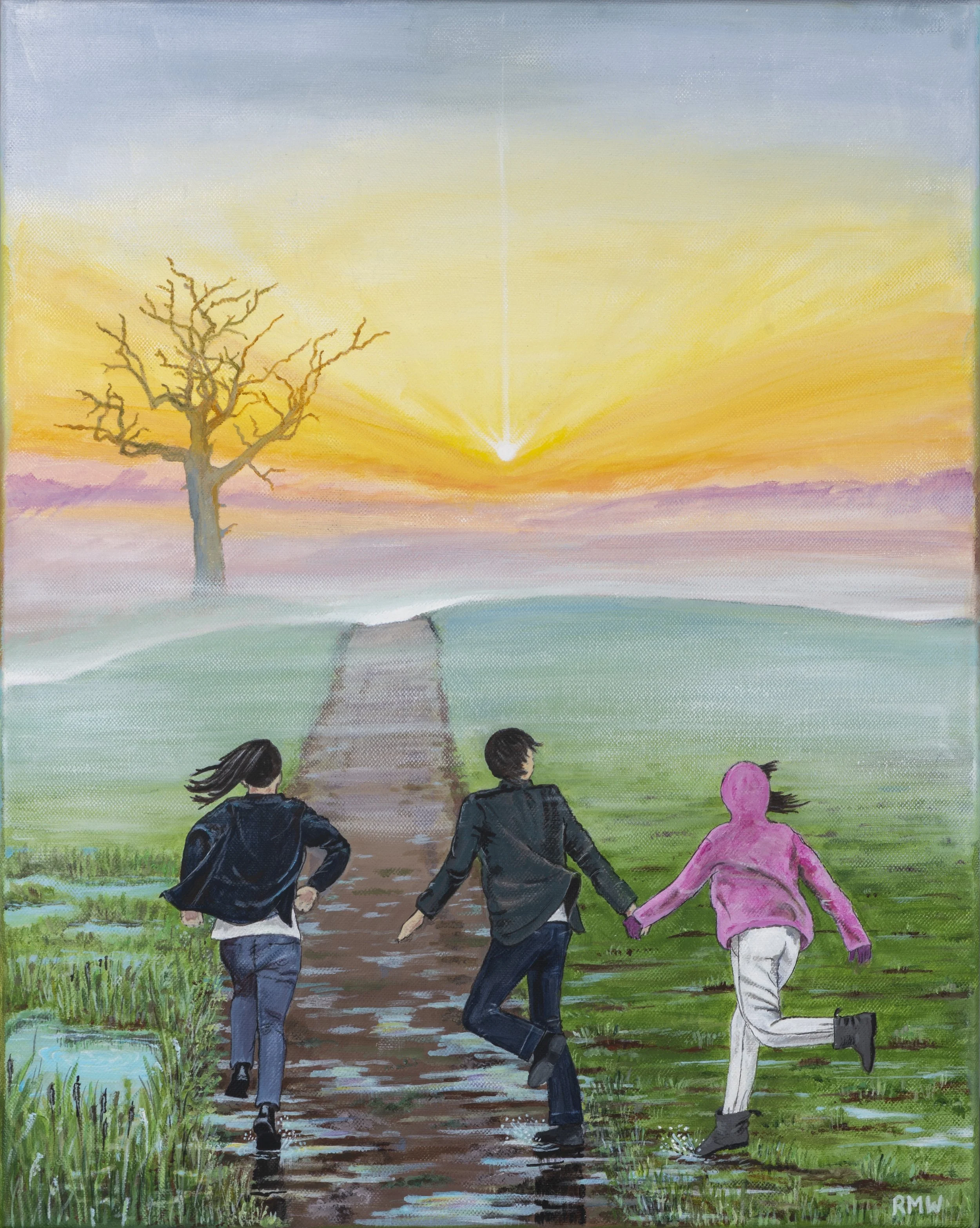 'Running'
Three people are running, fast. To? Away? It seems to be early morning, the mist still rising. I wished to create movement, a sense of urgency. Did I succeed?
40 cm x 50 cm